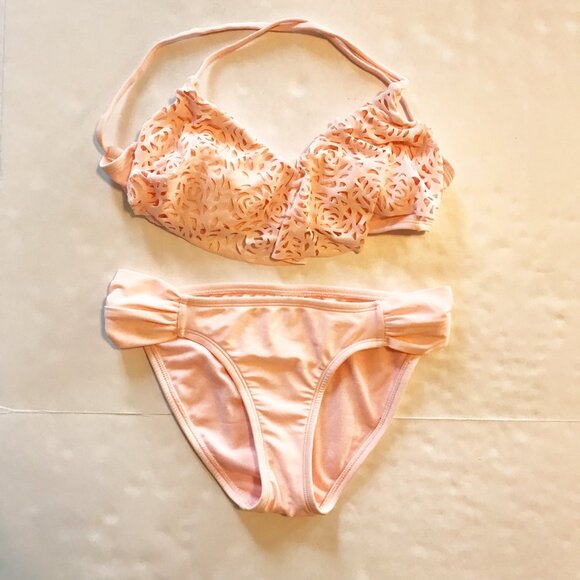 XHILERATION Pink Lace Overlay Bikini Two Piece Set Swimsuit Womens Small - Picture 2 of 10